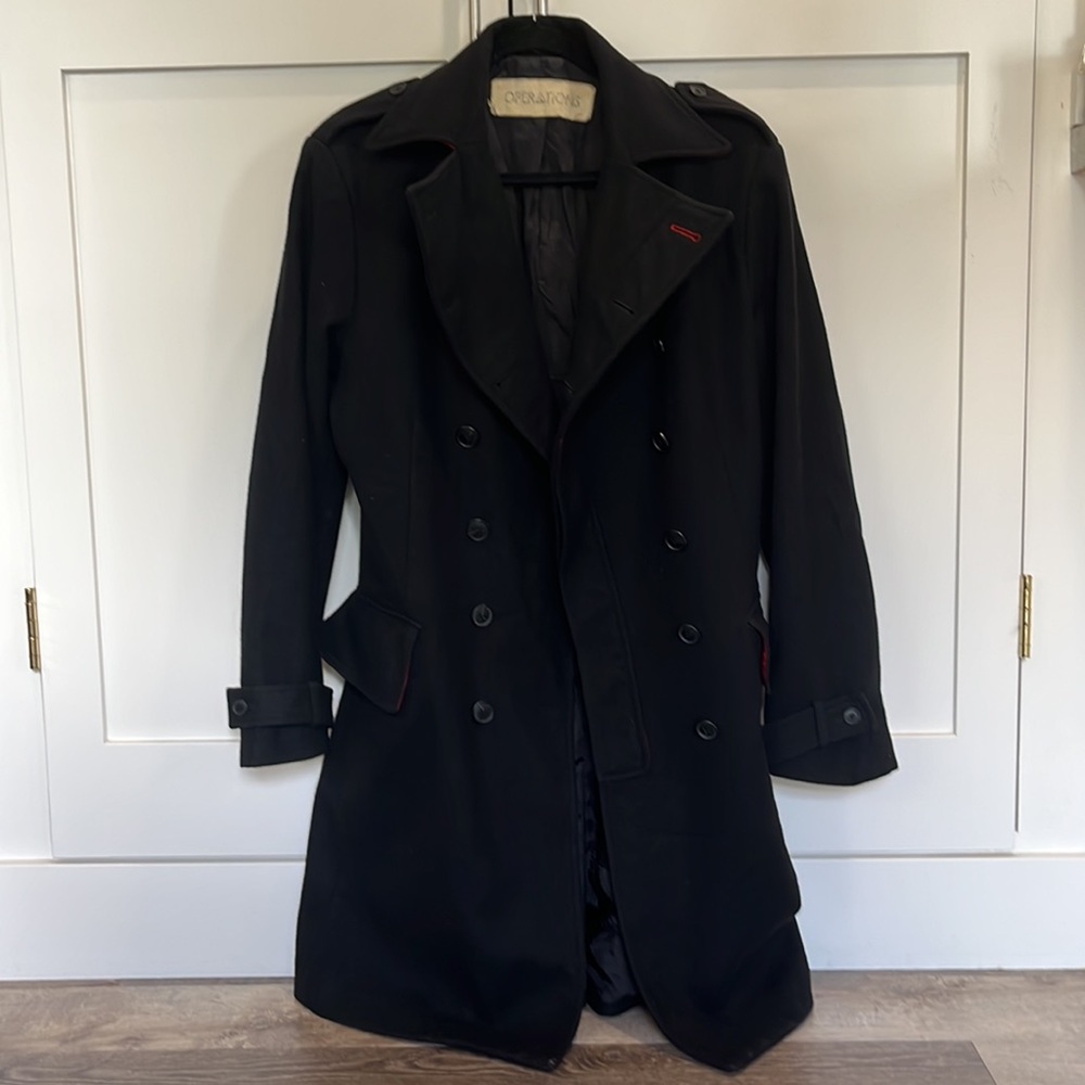 OPERATIONS nyc Military Inspired Long Pea Coat Size Small 80% Wool 20% Cashmere